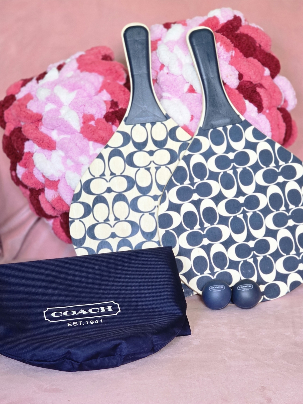 Rare, Vintage Coach Signature Paddle Ball Set in Navy and Cream NWT
